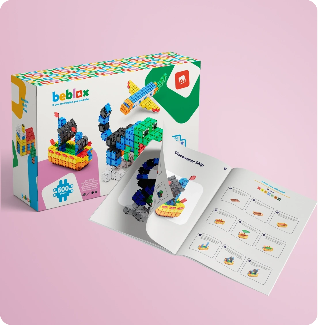 Open Beblox box next to the building booklet
