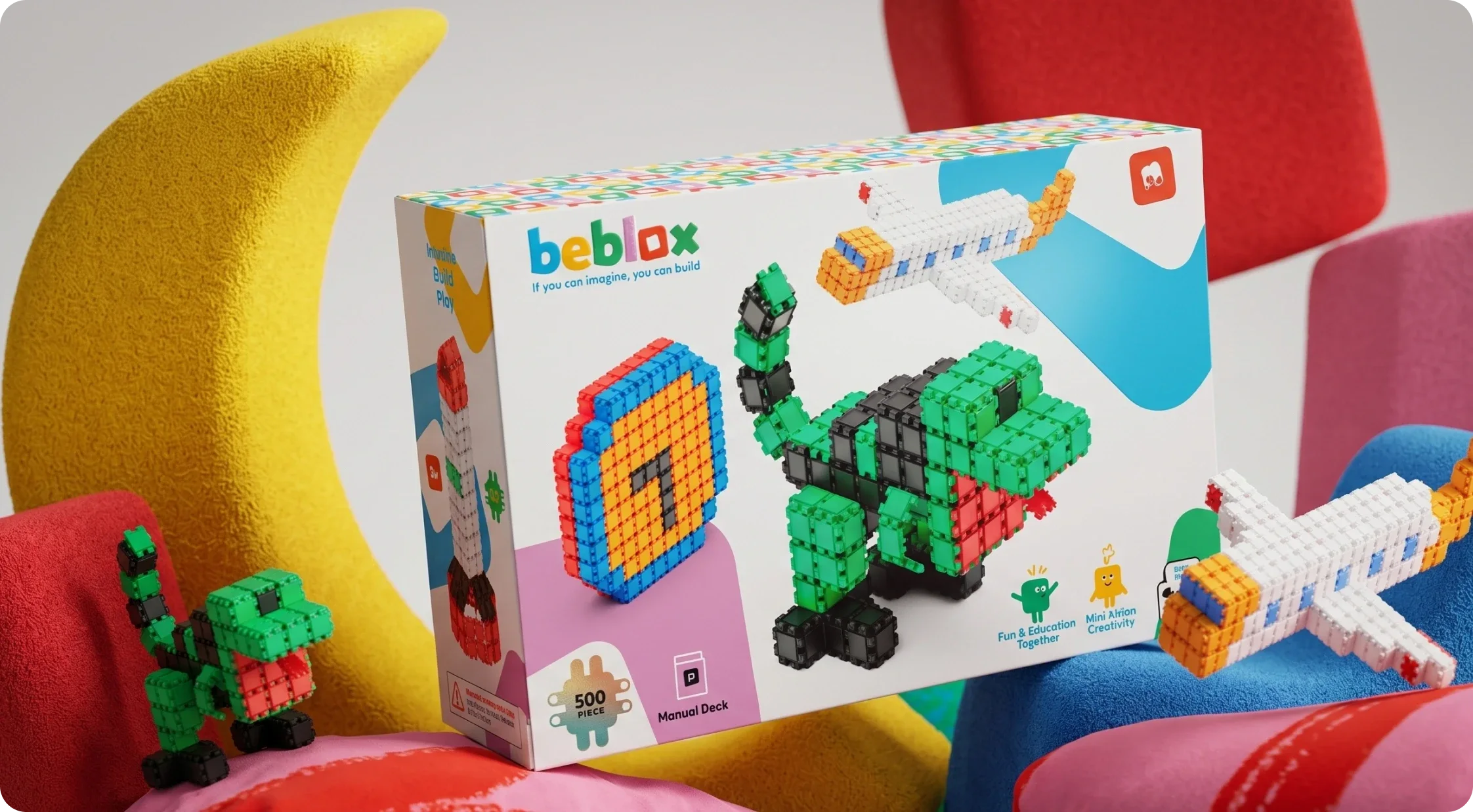 Beblox box and block builds in a kids' room