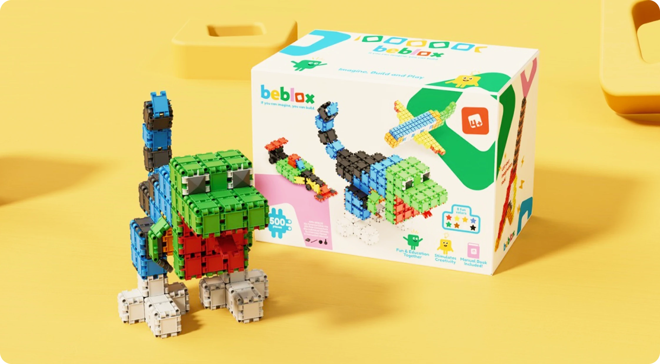 Beblox box and block builds on a yellow background