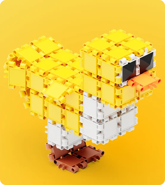 Duck built from Beblox blocks on a yellow background