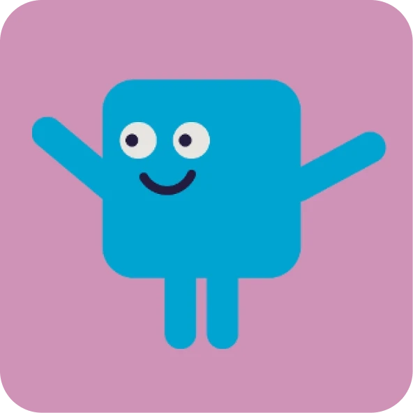 Blue Beblox mascot on a pink background