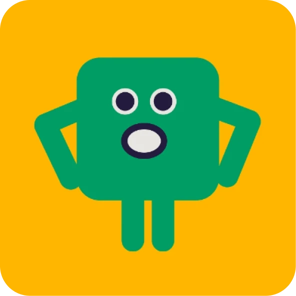 Green Beblox mascot on a yellow background