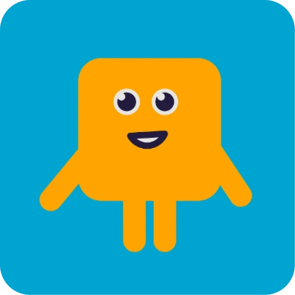 Orange Beblox mascot on a blue background