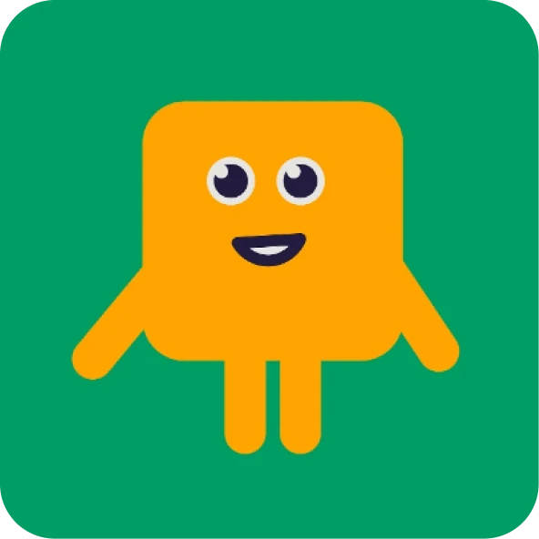 Orange Beblox mascot on a green background