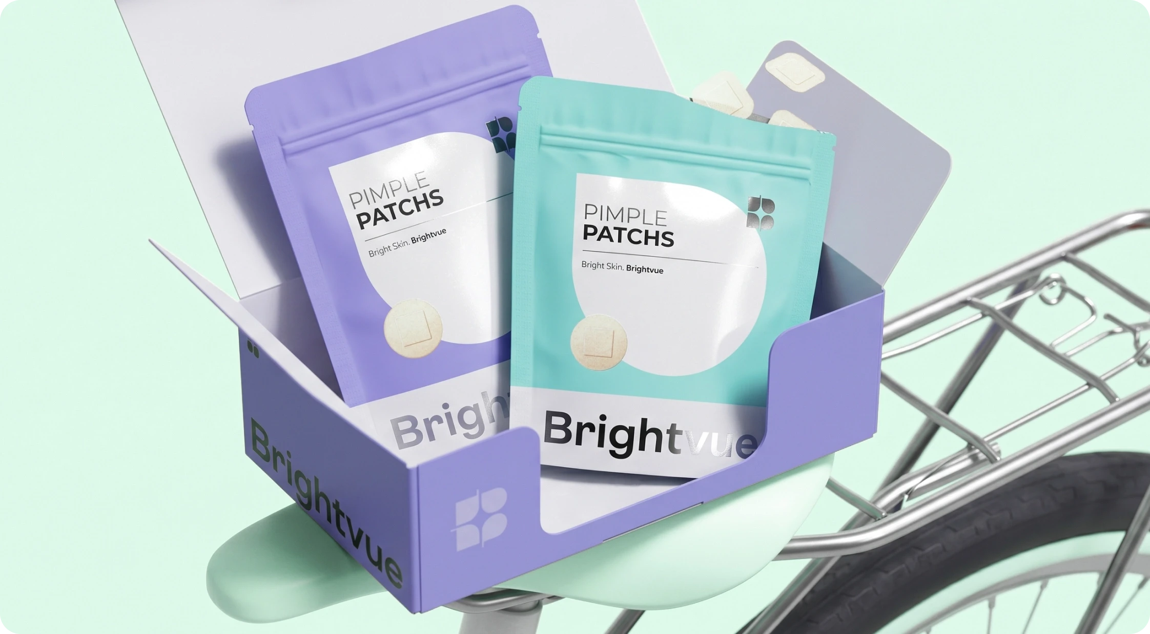 Brightvue Pimple Patches box resting on a bicycle rack