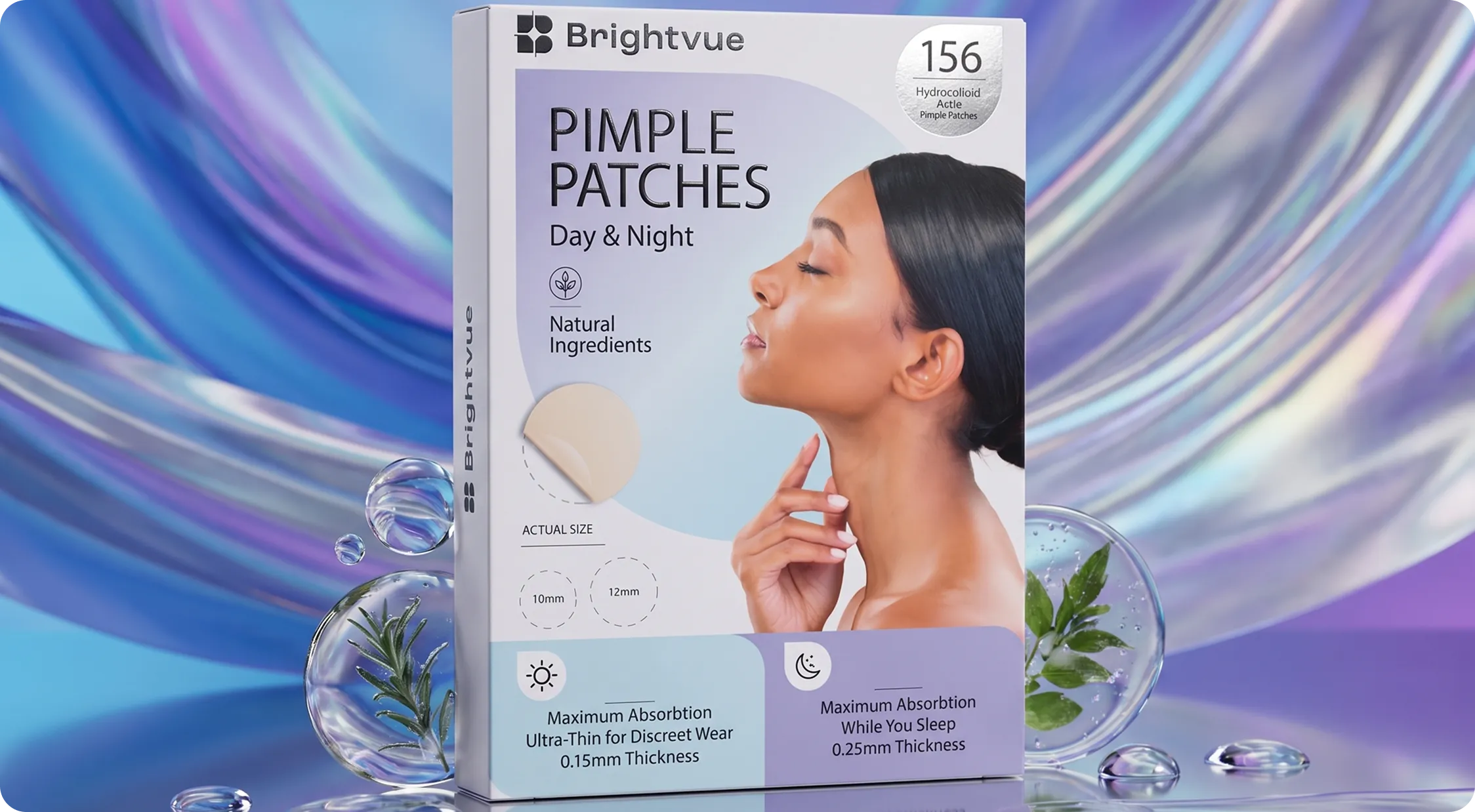 Brightvue Pimple Patches box on an iridescent gradient backdrop