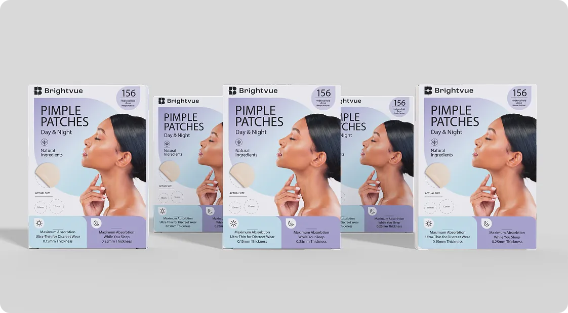 Four Brightvue Pimple Patches boxes lined up on a grey background
