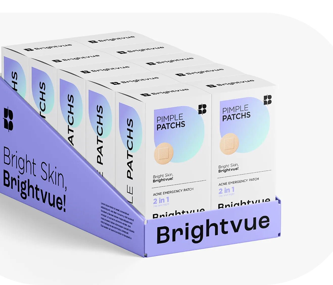 Brightvue retail shelf tray holding Pimple Patches boxes