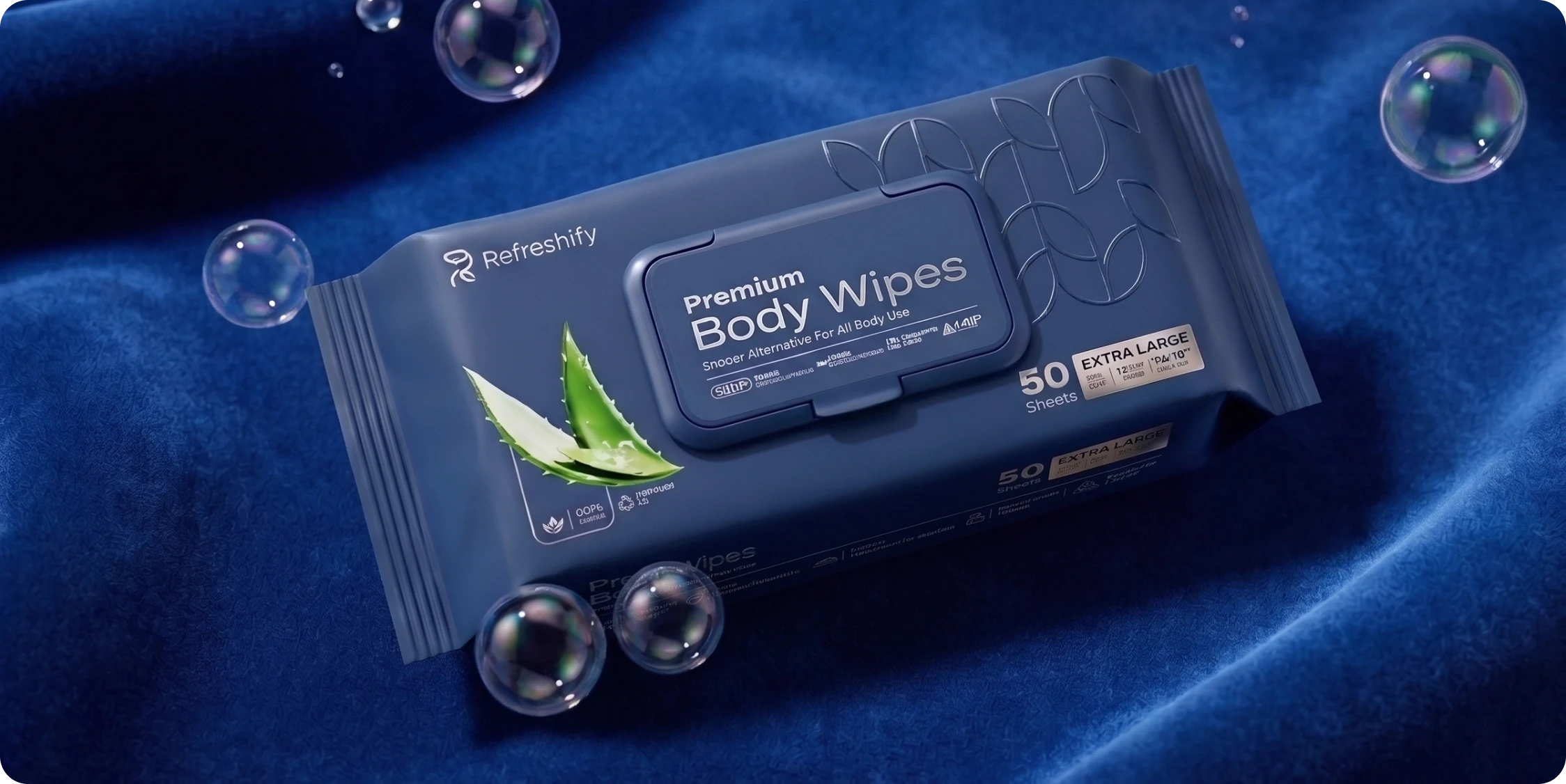 Refreshify Body Wipes pack on blue velvet
