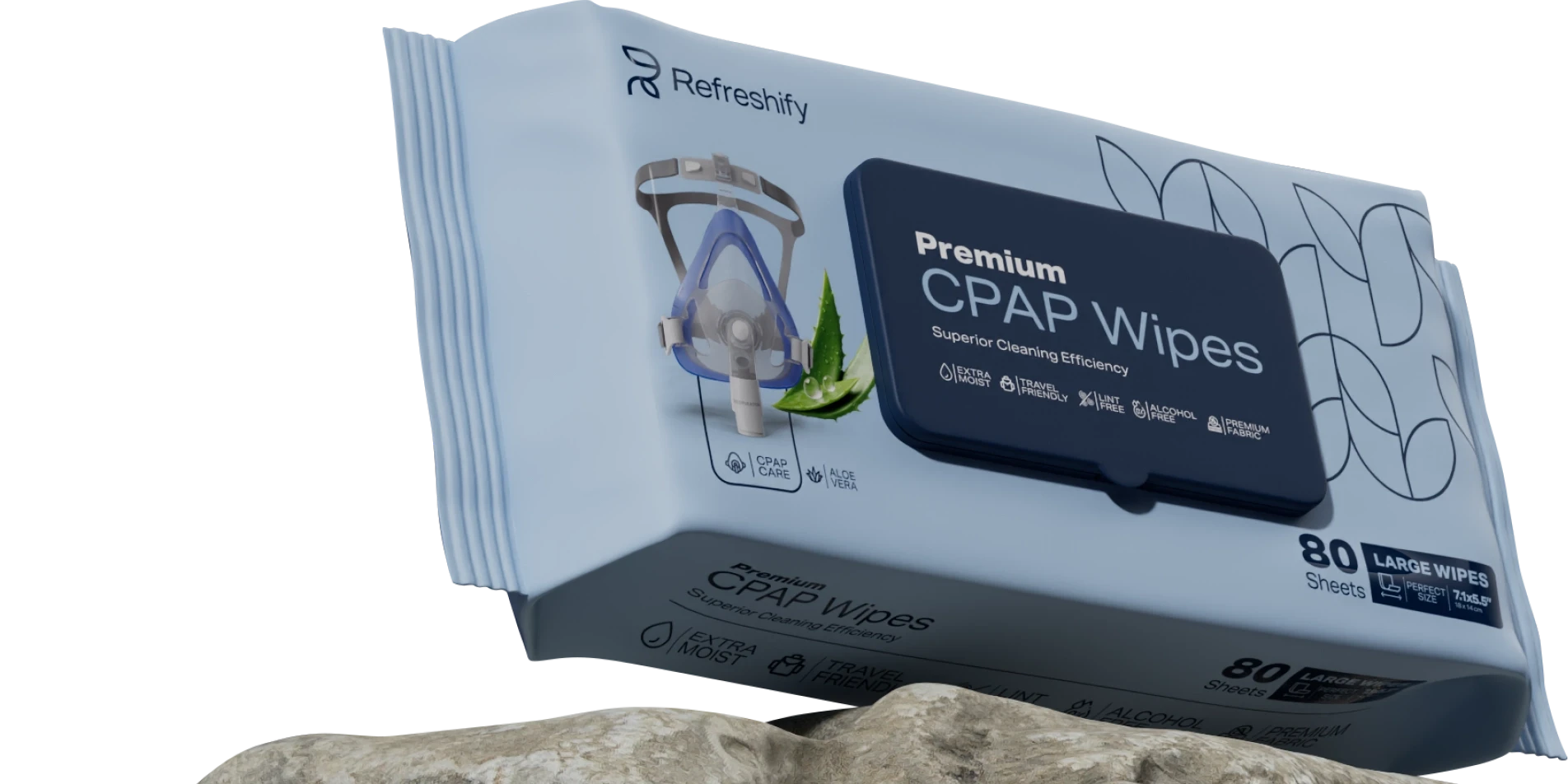 Refreshify CPAP Wipes pack resting on a rock