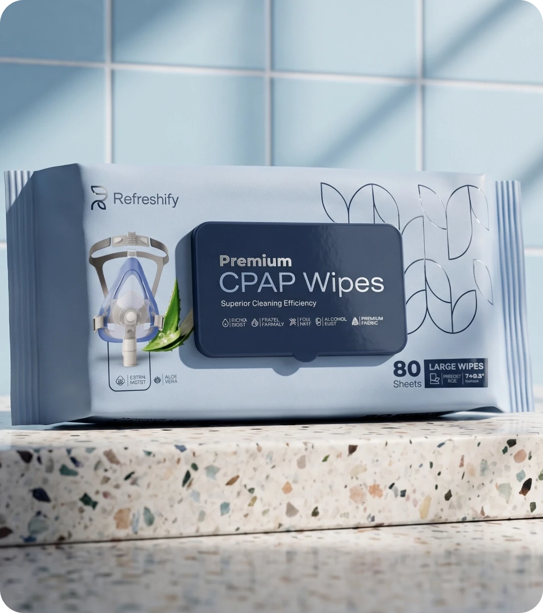 Refreshify CPAP Wipes pack on a terrazzo counter