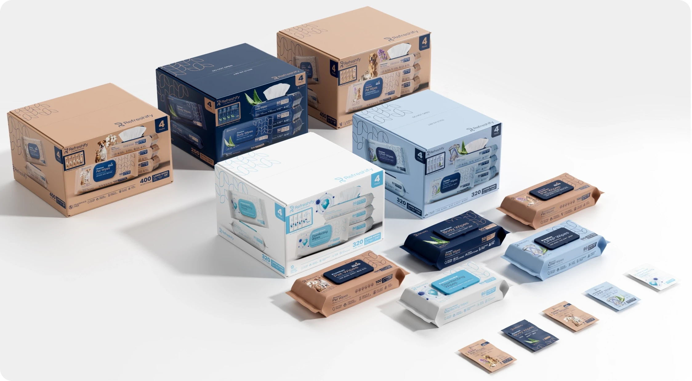 Full Refreshify product range on a grey background