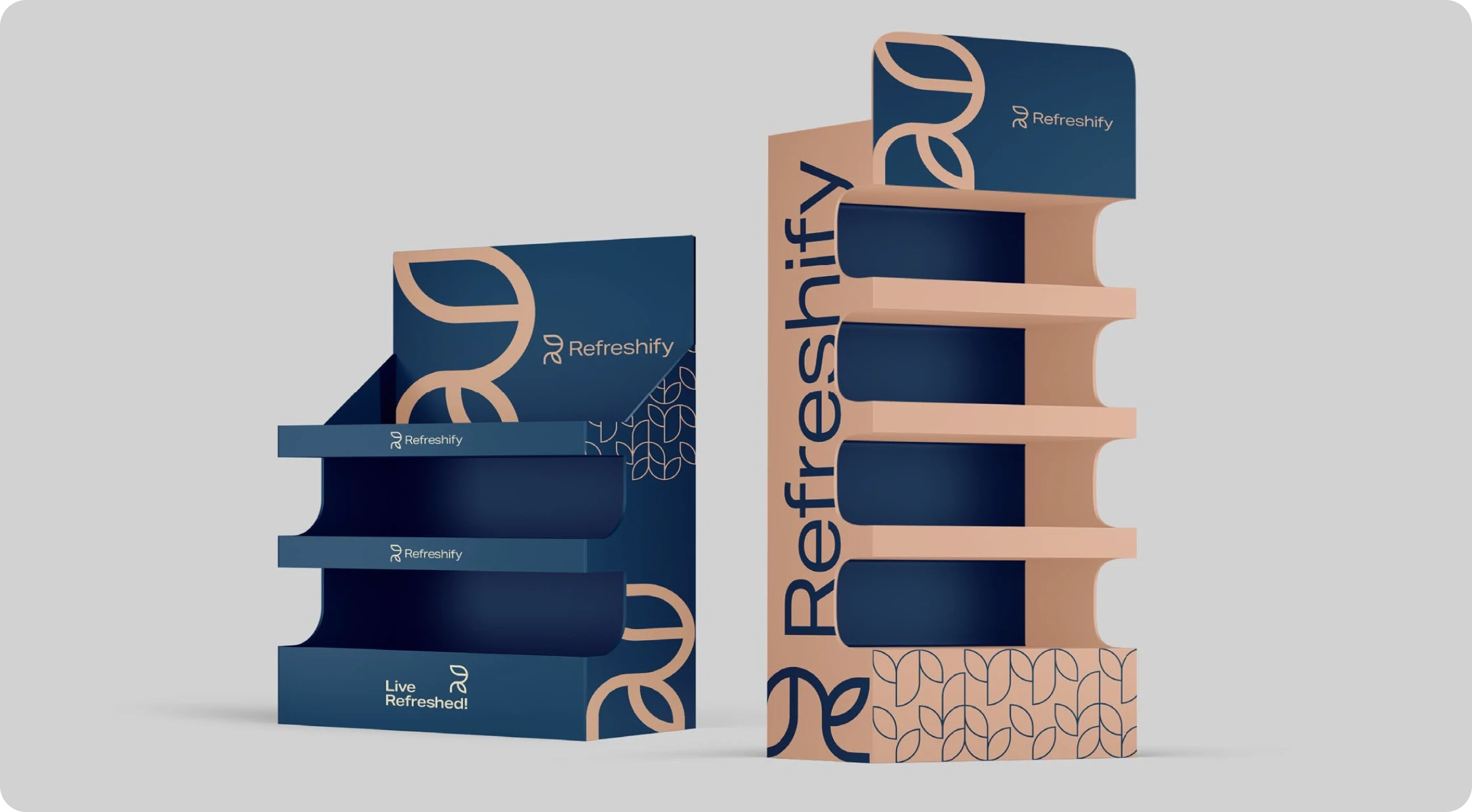 Refreshify retail display stand on a peach background