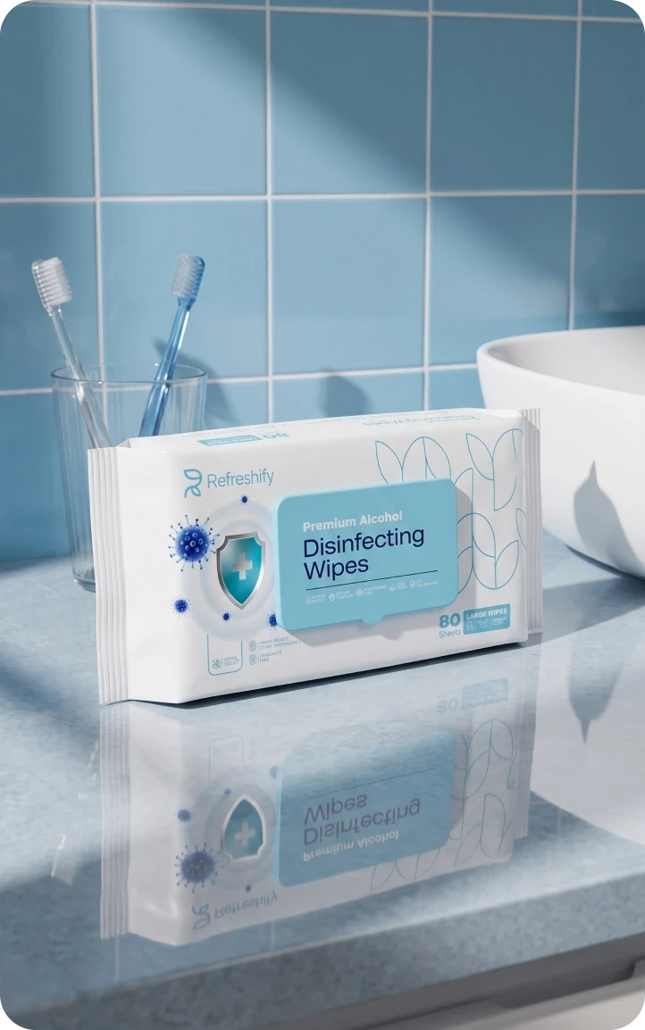 Refreshify wipes on a bathroom counter