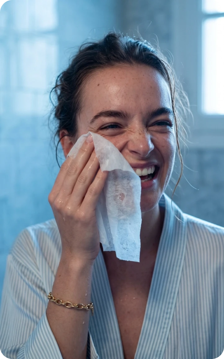 Woman using a Refreshify wipe on her face